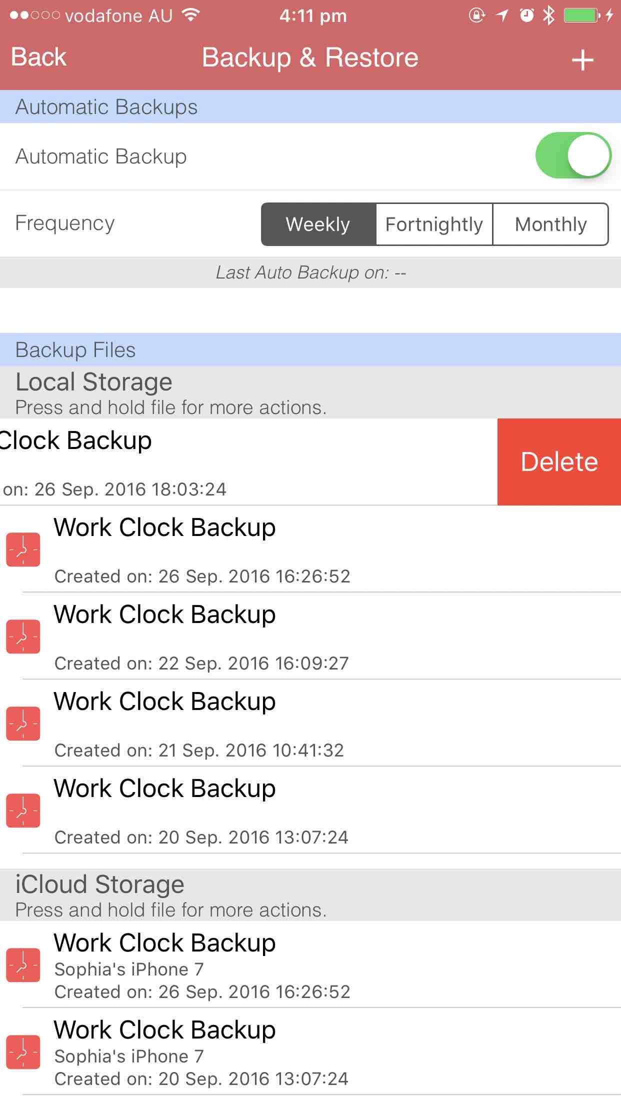 Deleting a backup for Work Clock