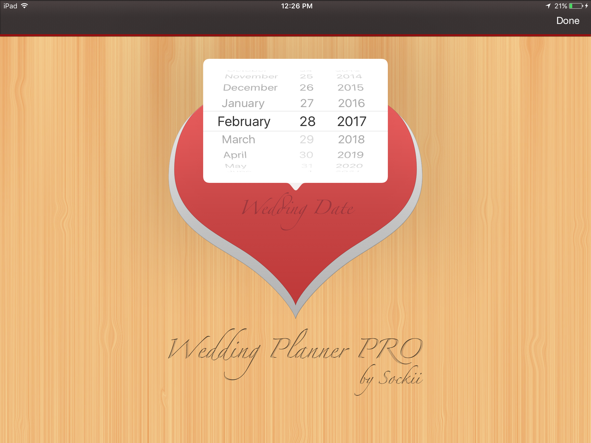Wedding Planner PRO entering wedding date iPad